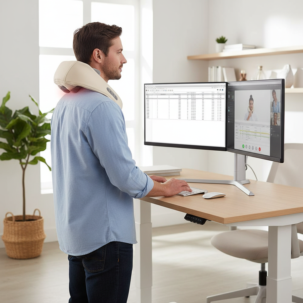 Man using massager at standing desk